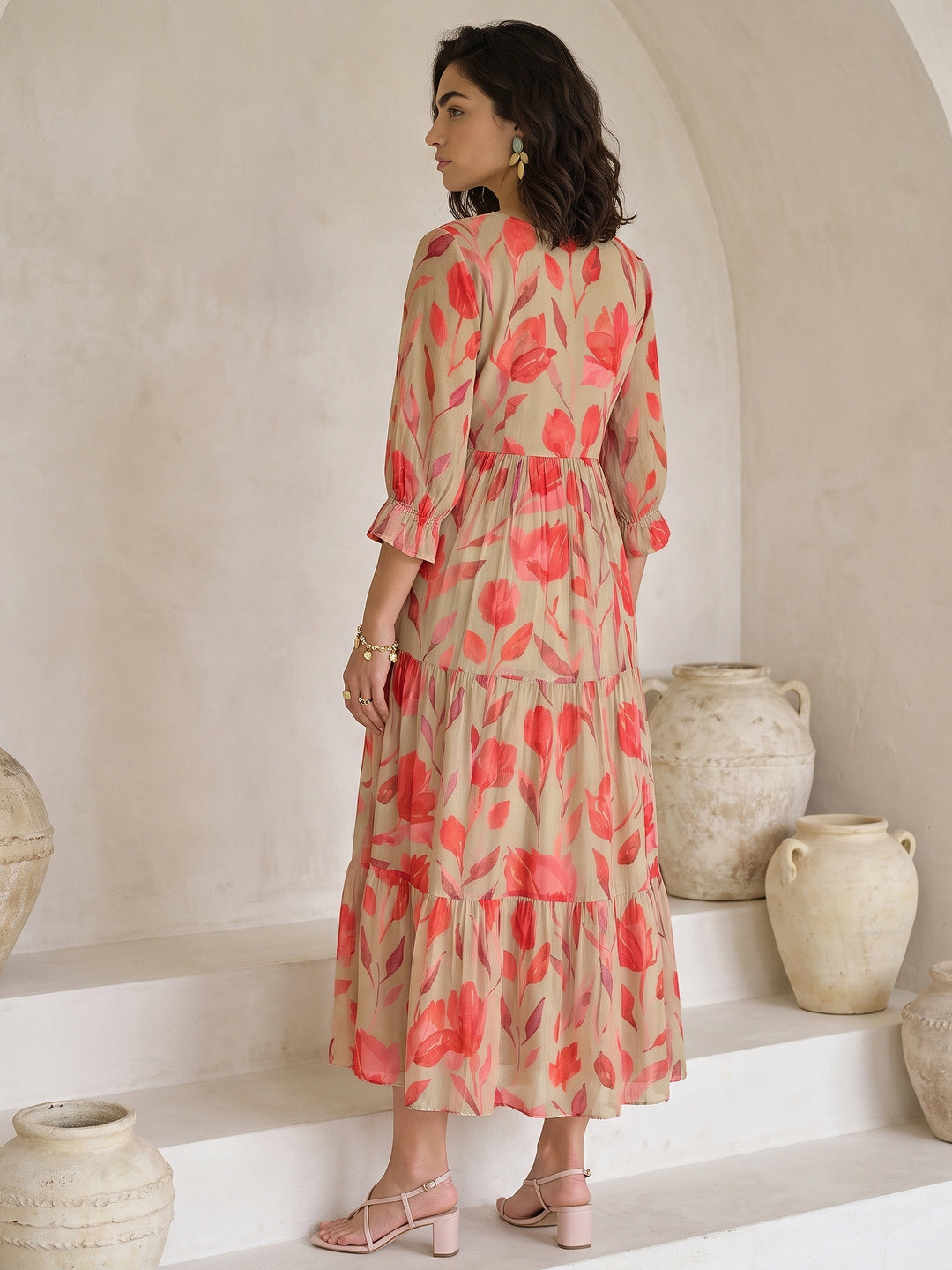  Libas Green Floral Printed Fit and Flare Chiffon Dress 