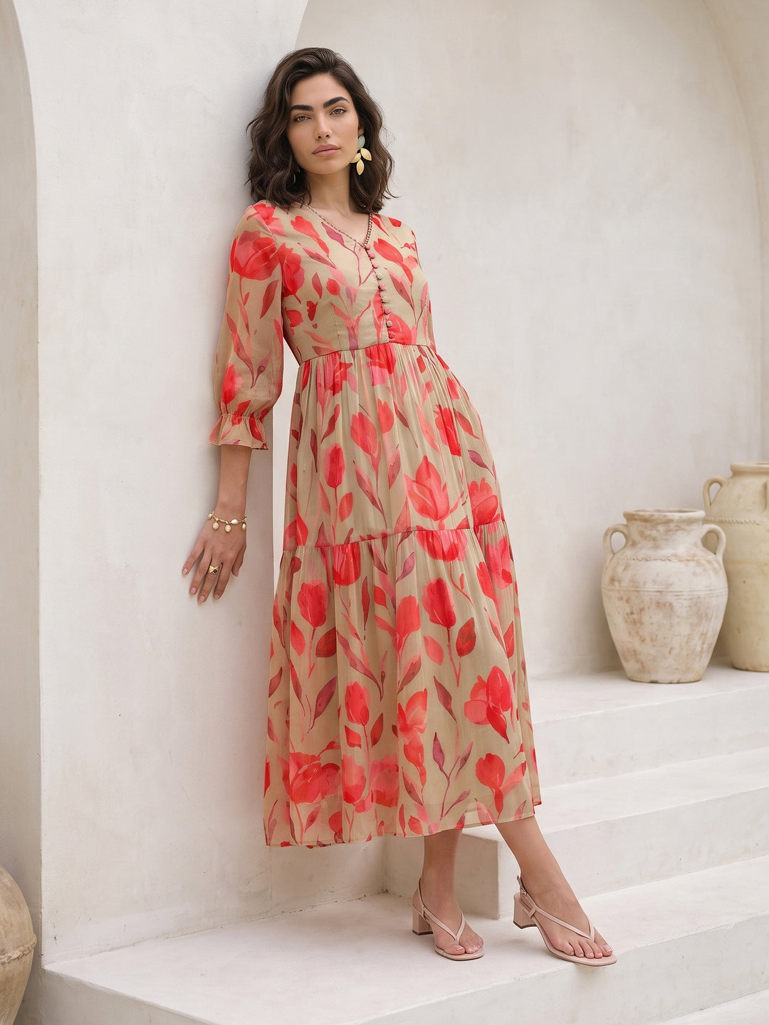  Libas Green Floral Printed Fit and Flare Chiffon Dress 