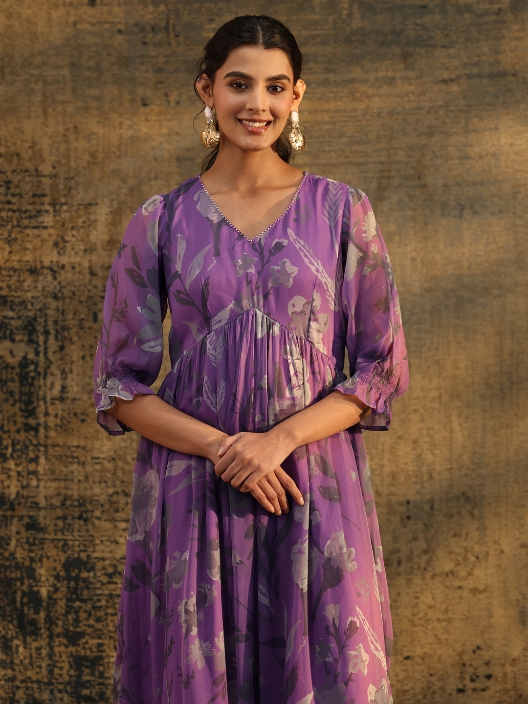  Libas Orchid Purple Floral Printed Empire Chiffon Dress 