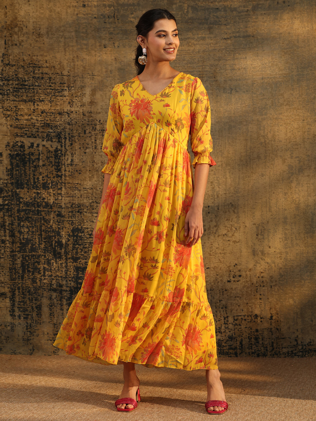  Libas Yellow Floral Printed Empire Chiffon Dress 