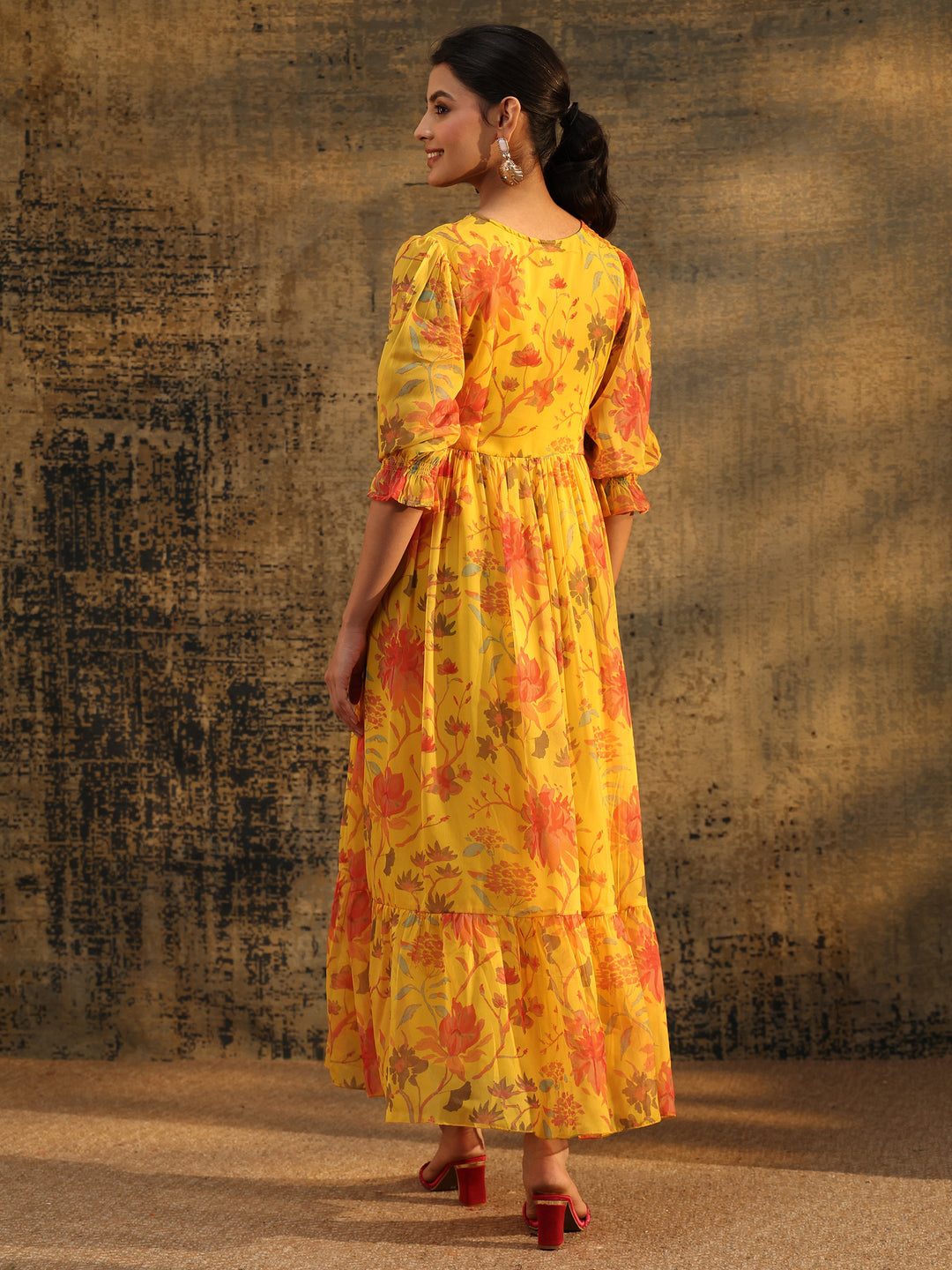  Libas Yellow Floral Printed Empire Chiffon Dress 