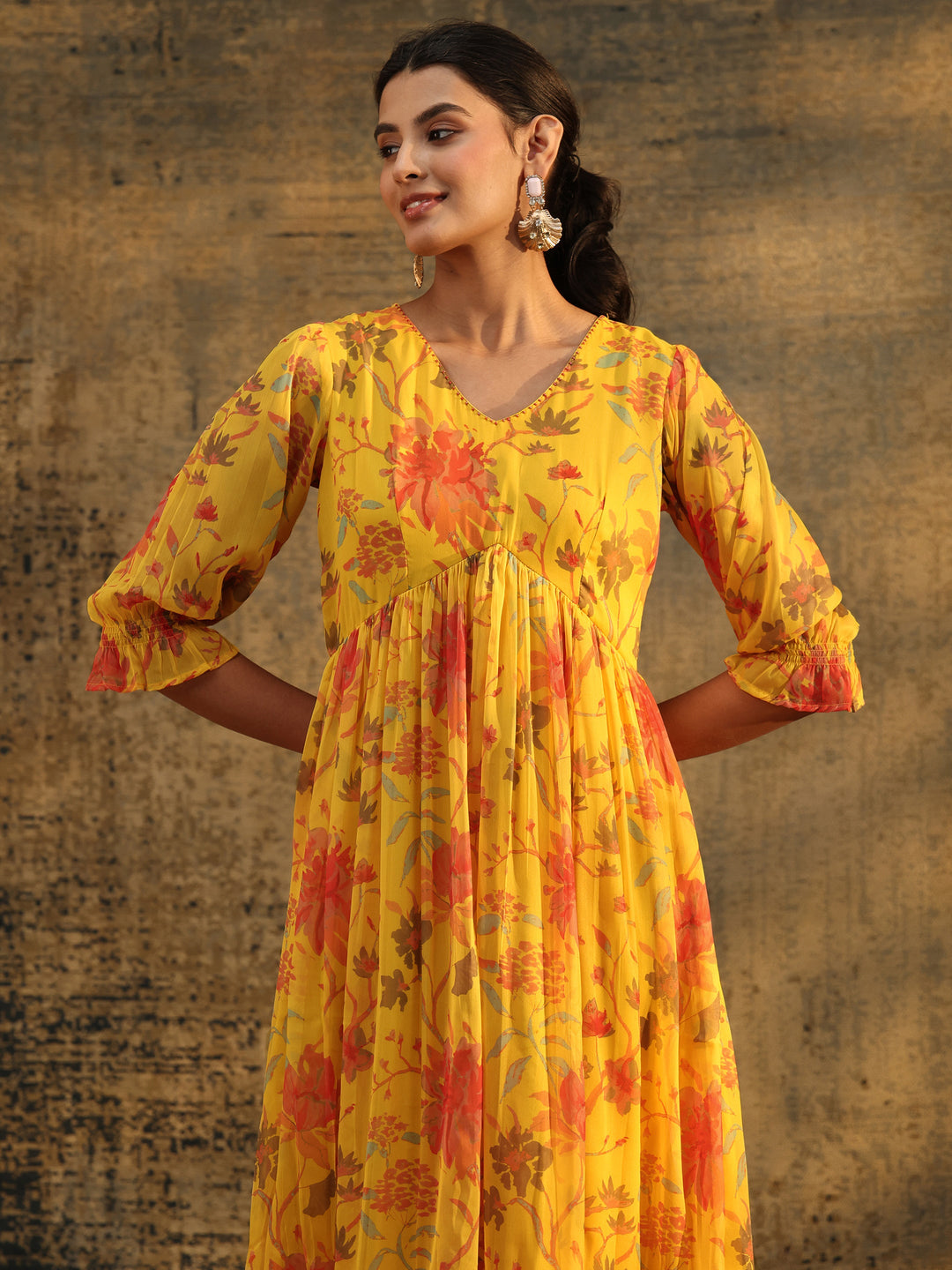 Libas Yellow Floral Printed Empire Chiffon Dress 
