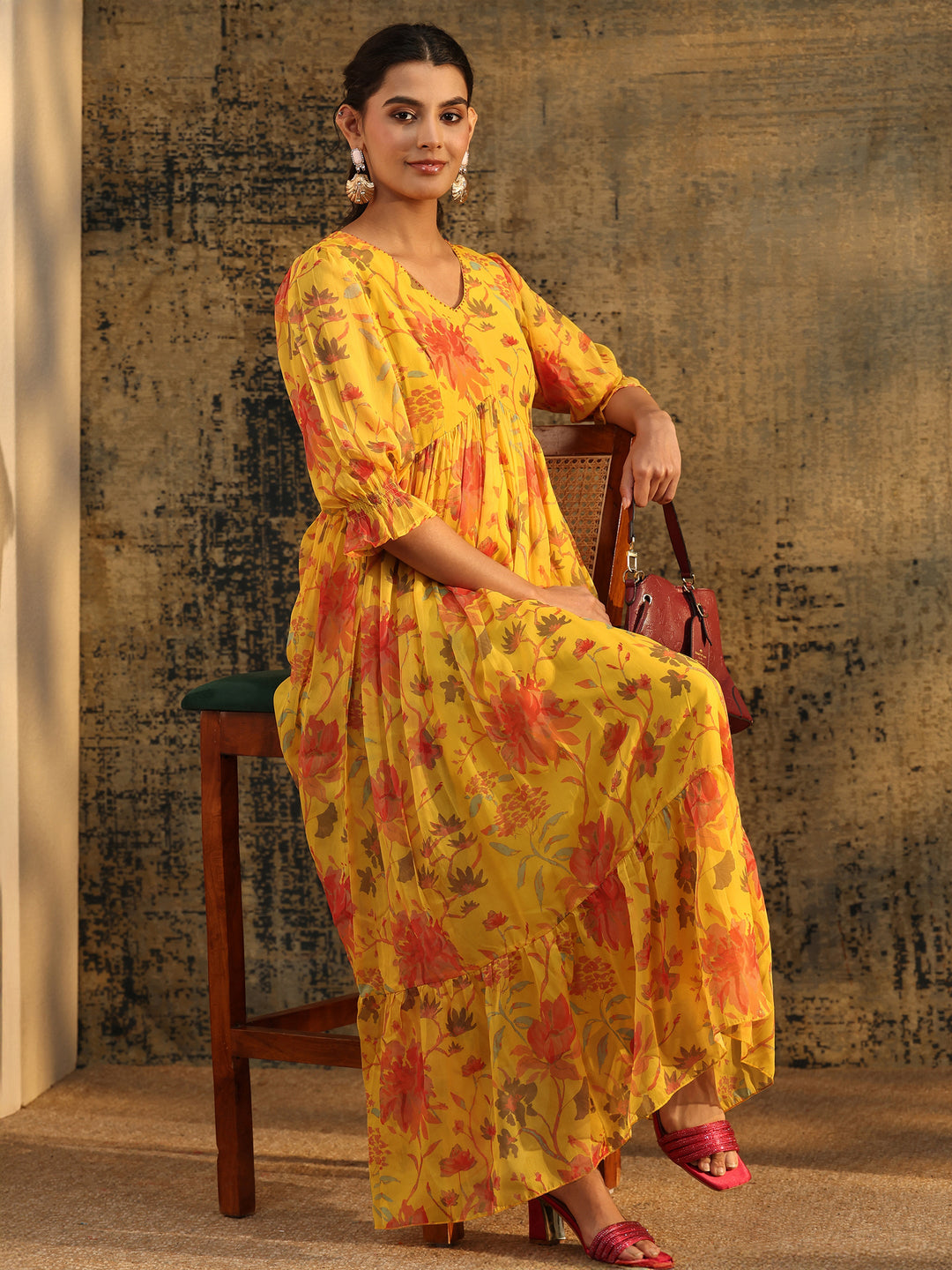  Libas Yellow Floral Printed Empire Chiffon Dress 