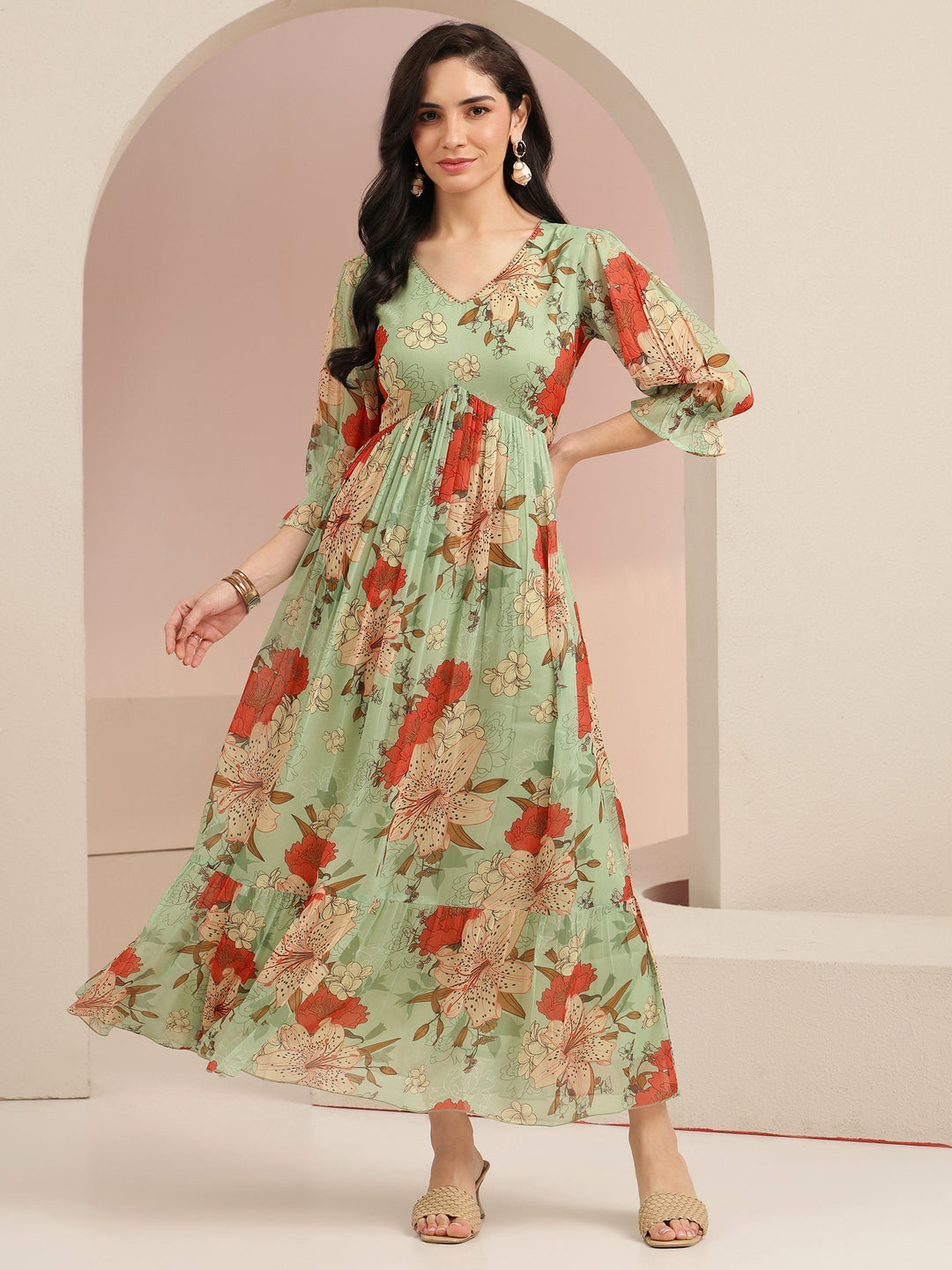  Libas Mint Green Floral Printed Chiffon Empire Dress 
