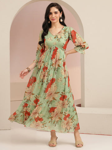 Libas Mint Green Floral Printed Chiffon Empire Dress