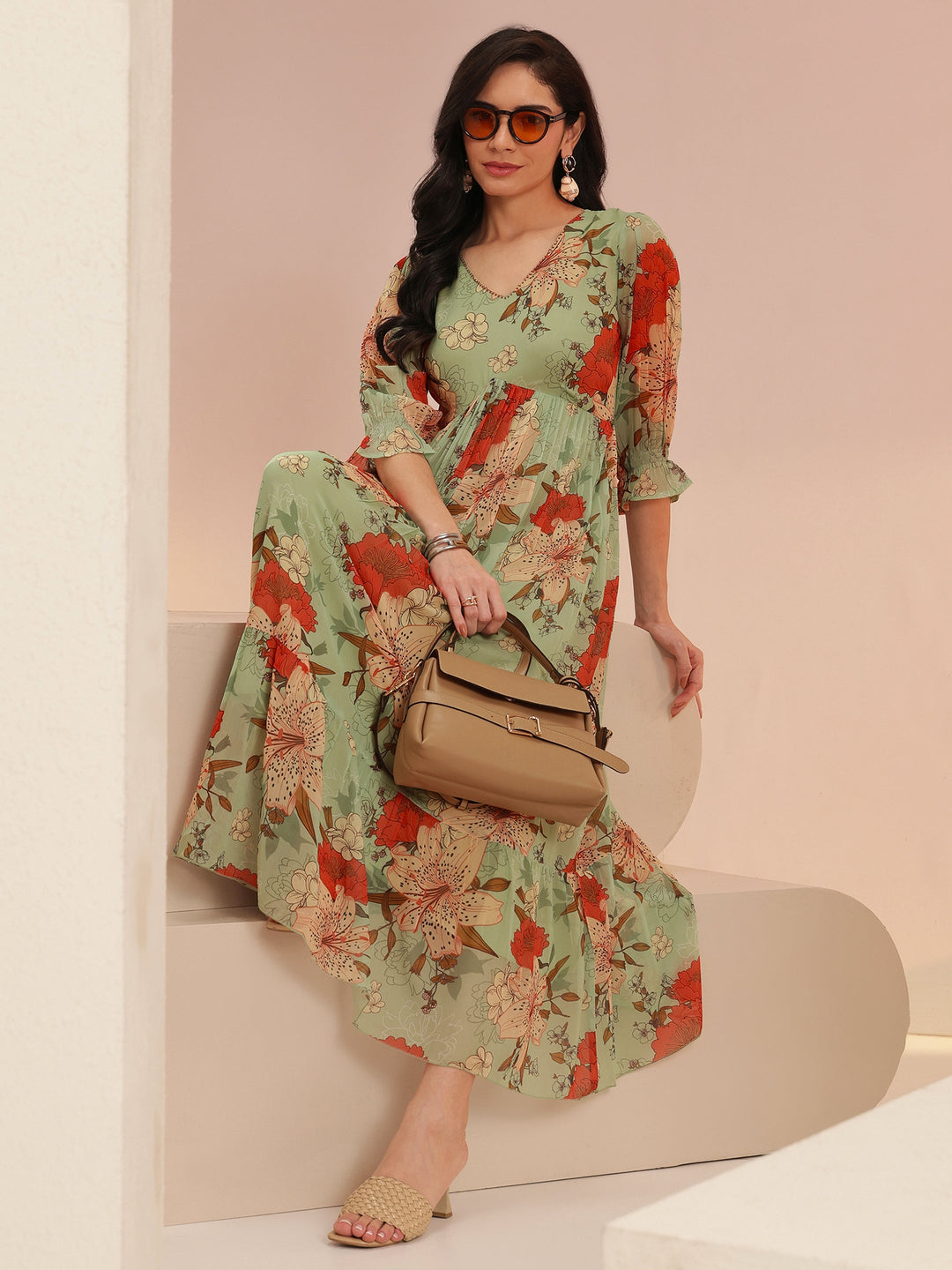  Libas Mint Green Floral Printed Chiffon Empire Dress 