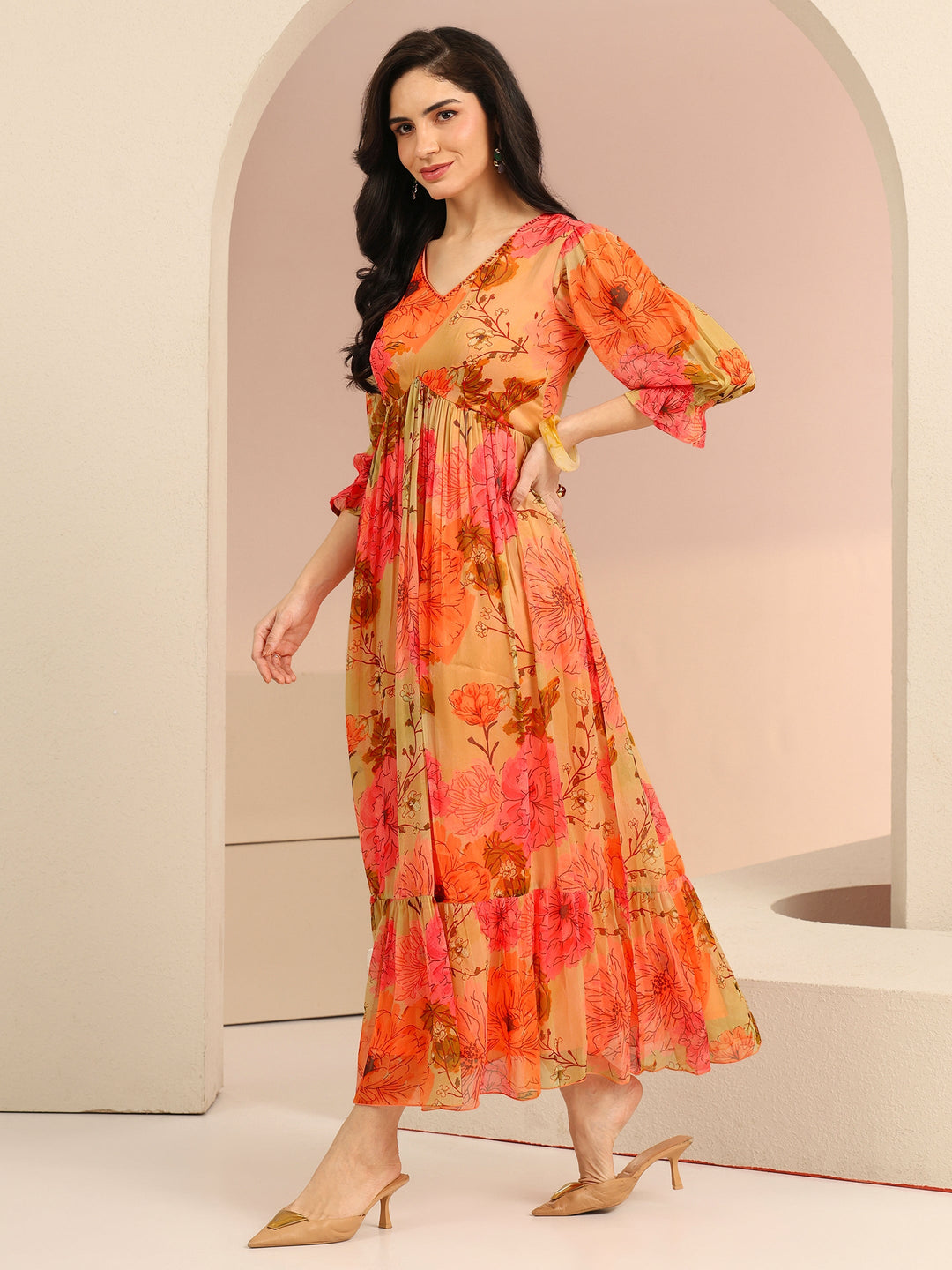  Libas Beige Floral Printed Chiffon Empire Dress 
