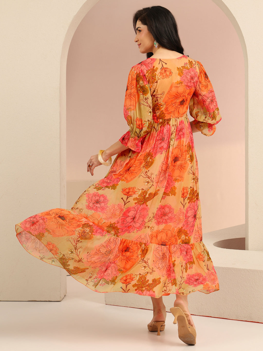  Libas Beige Floral Printed Chiffon Empire Dress 