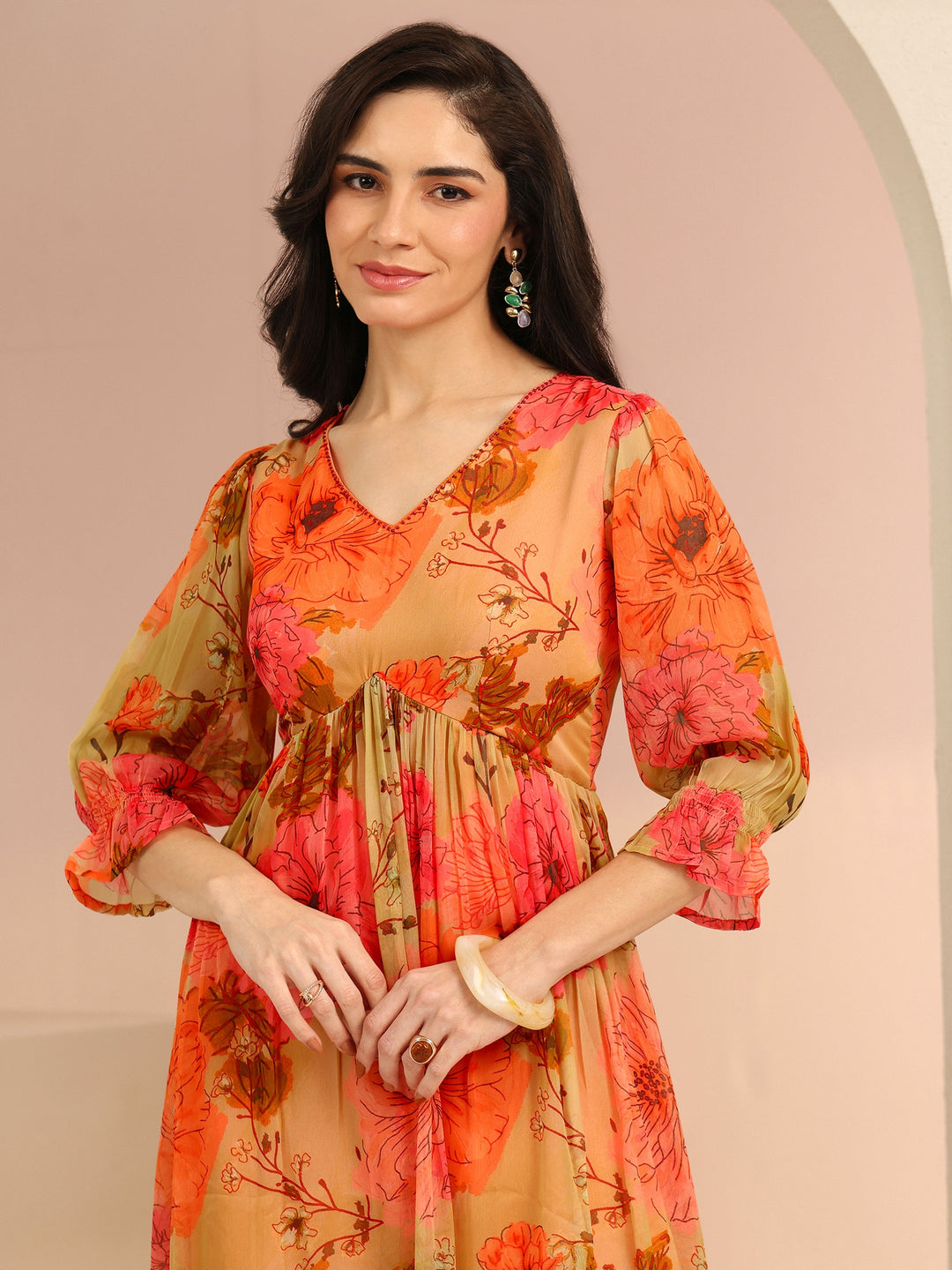  Libas Beige Floral Printed Chiffon Empire Dress 