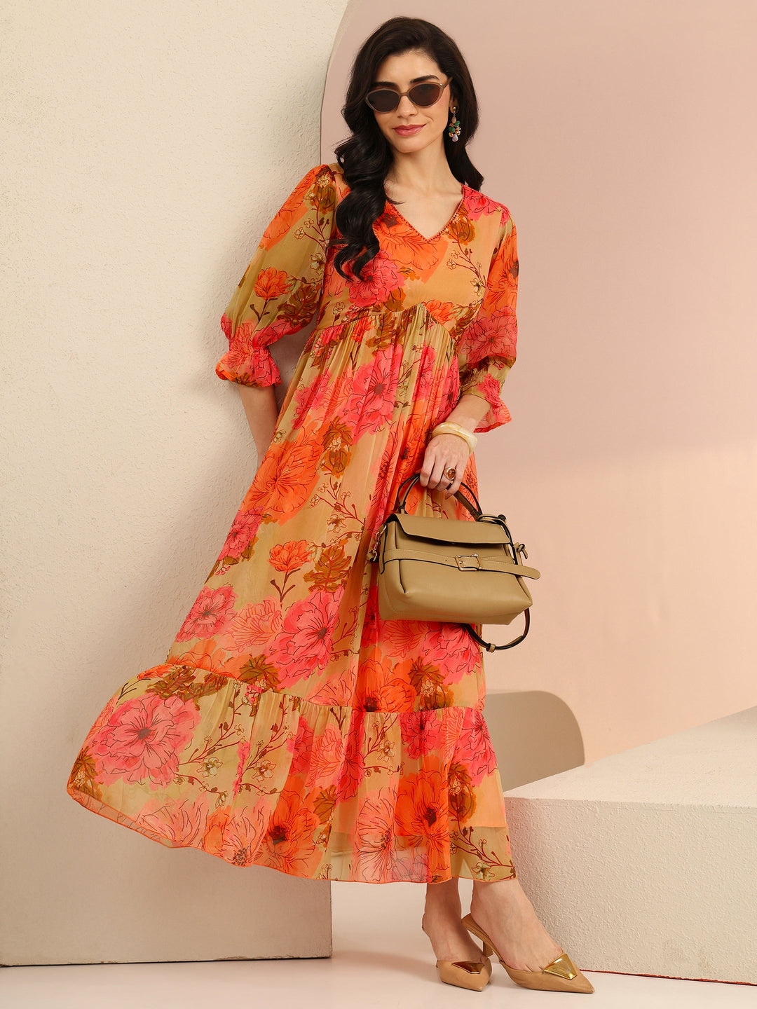  Libas Beige Floral Printed Chiffon Empire Dress 