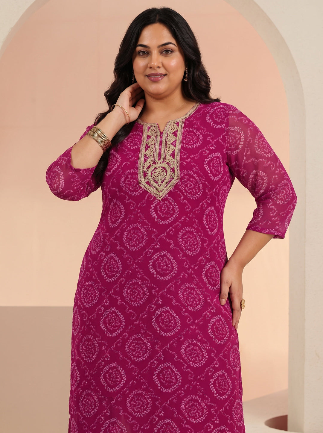  Plus Size Rani Pink Bandhani Printed Chiffon Straight Kurta 