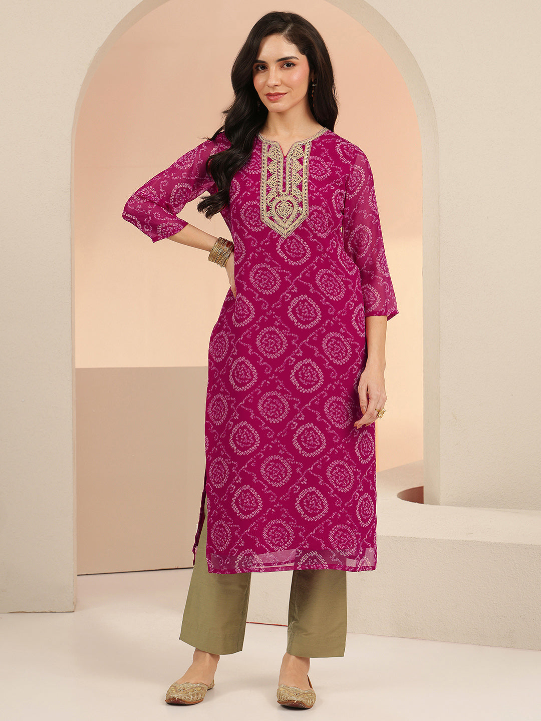  Libas Rani Pink Bandhani Printed Chiffon Straight Kurta 
