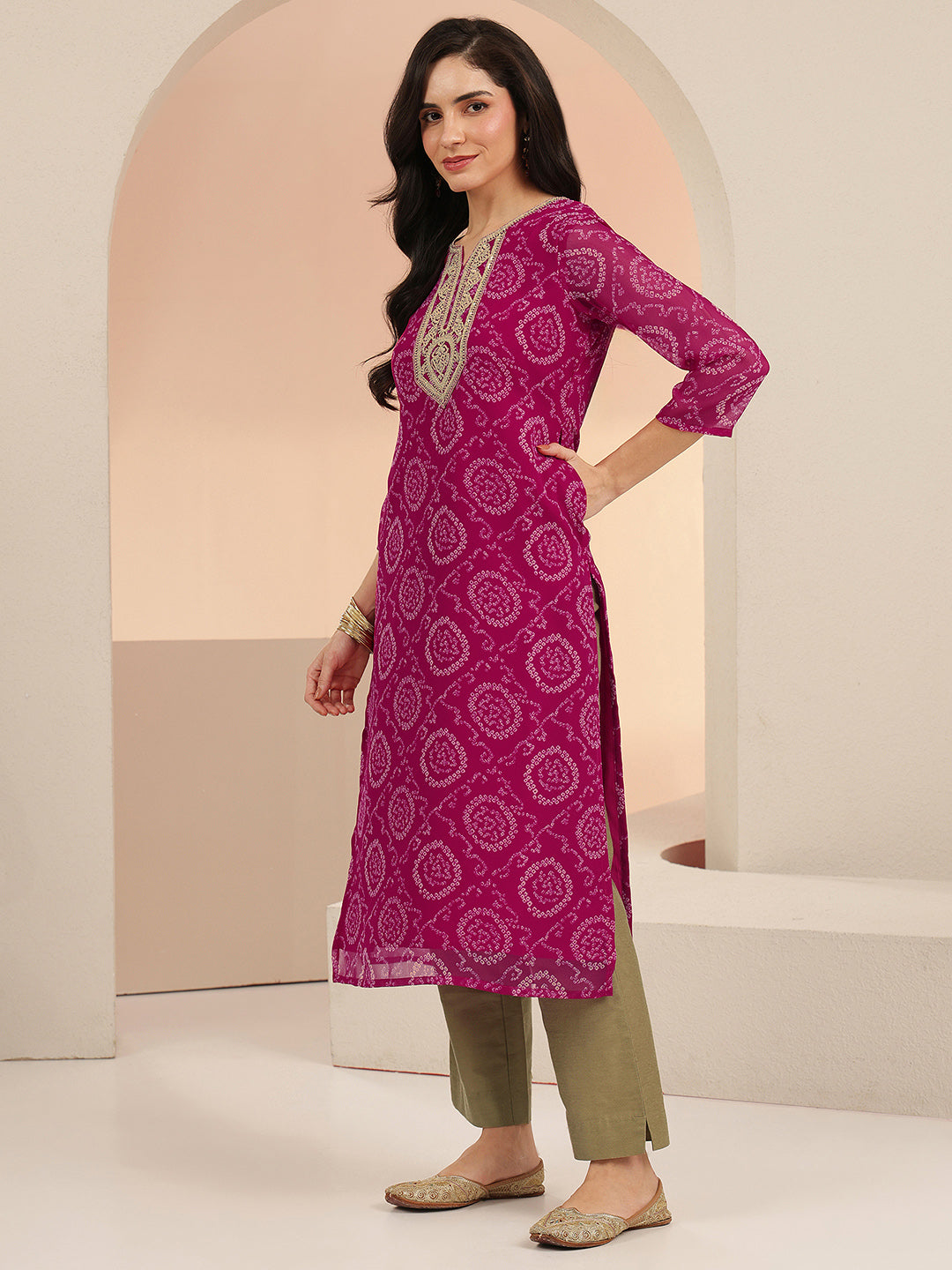  Libas Rani Pink Bandhani Printed Chiffon Straight Kurta 