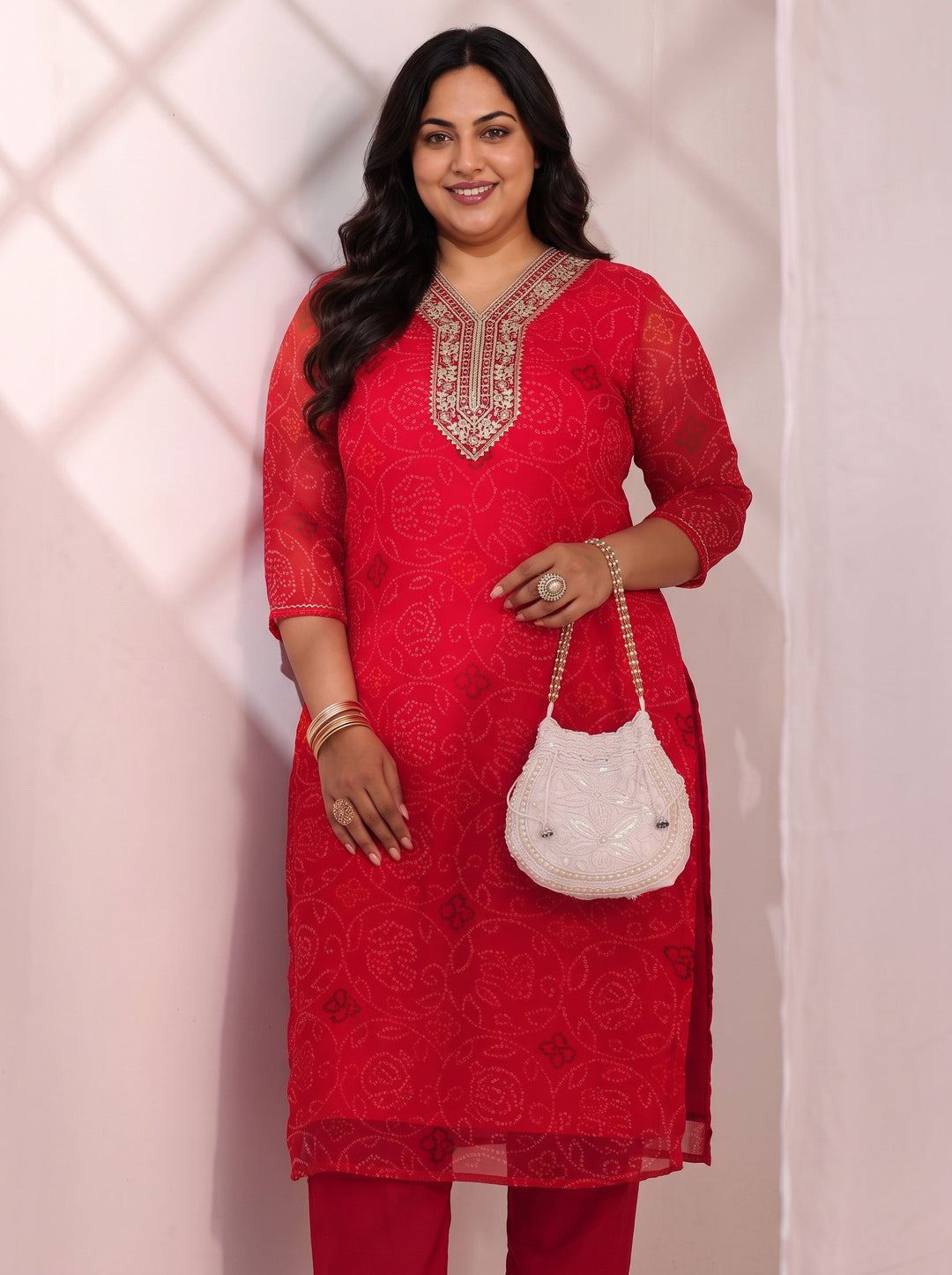  Plus Size Red Bandhani Printed Chiffon Straight Kurta 