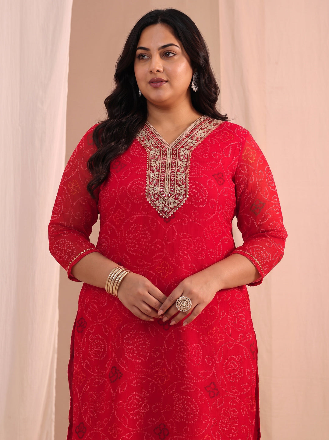  Plus Size Red Bandhani Printed Chiffon Straight Kurta 