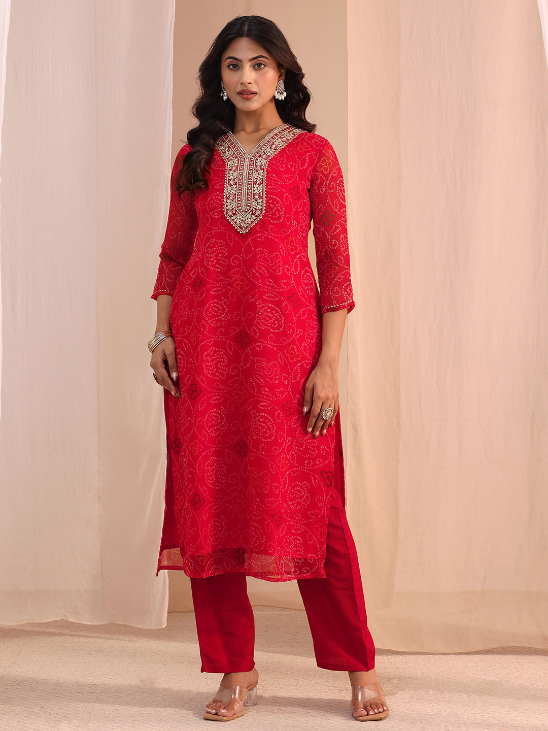  Red Bandhani Printed Chiffon Straight Kurta 
