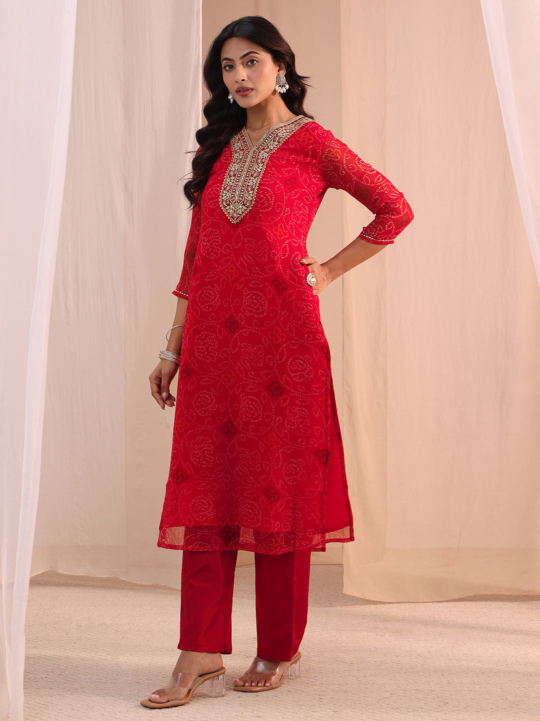  Red Bandhani Printed Chiffon Straight Kurta 