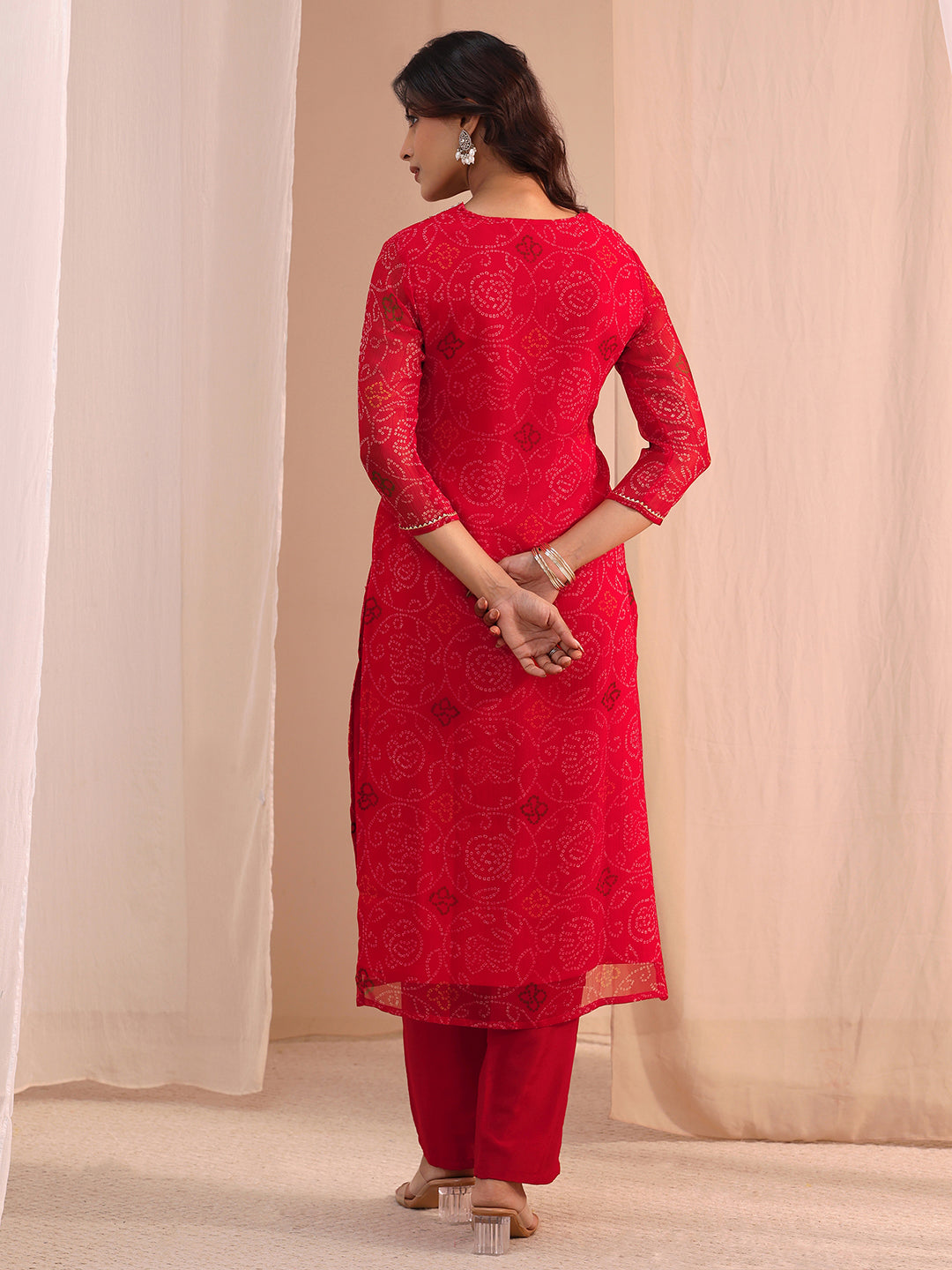  Red Bandhani Printed Chiffon Straight Kurta 
