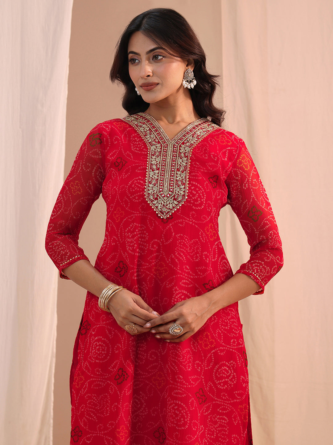  Red Bandhani Printed Chiffon Straight Kurta 