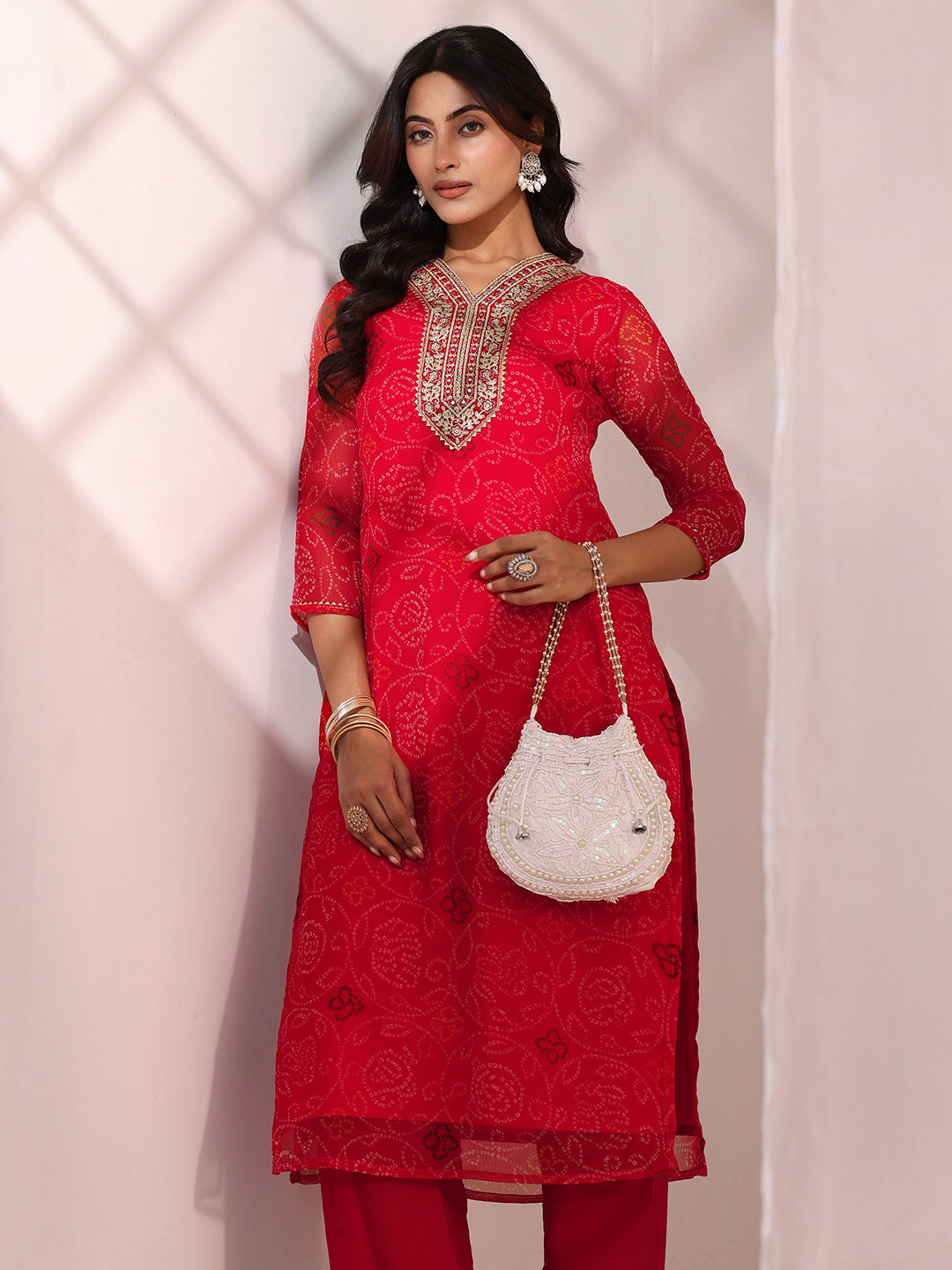  Red Bandhani Printed Chiffon Straight Kurta 