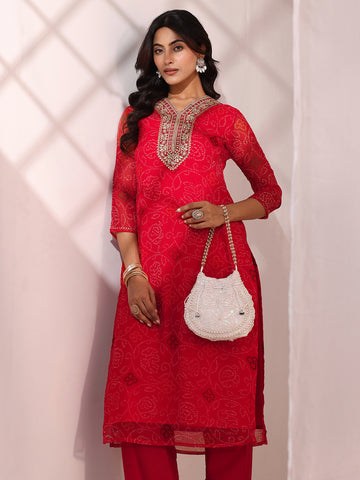 Red Bandhani Printed Chiffon Straight Kurta