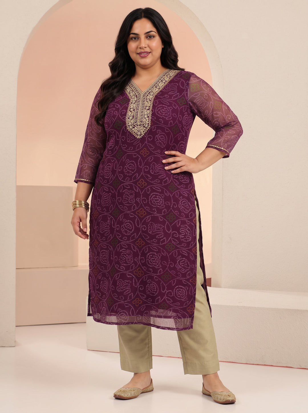  Plus Size Burgundy Bandhani Printed Chiffon Straight Kurta 