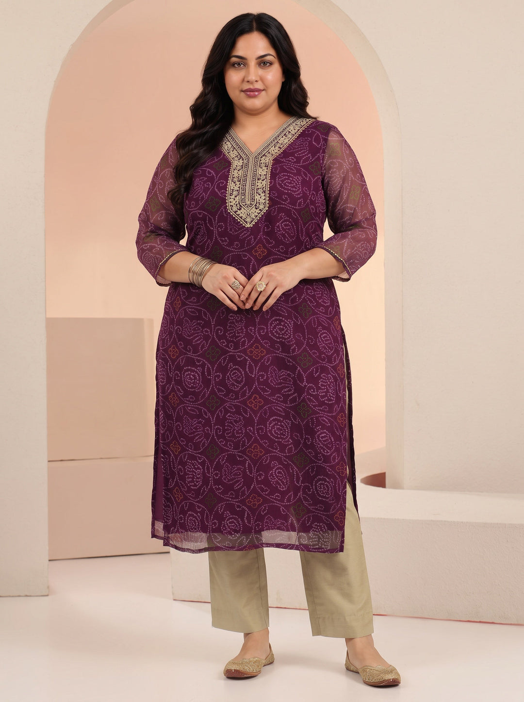  Plus Size Burgundy Bandhani Printed Chiffon Straight Kurta 