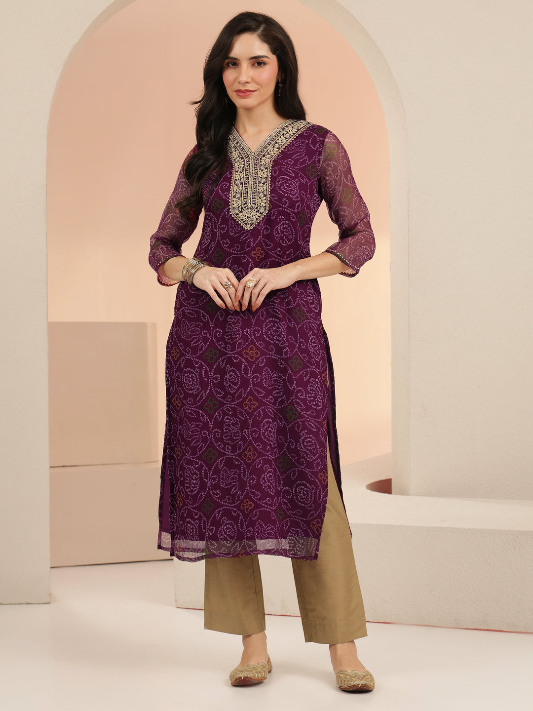  Burgundy Bandhani Printed Chiffon Straight Kurta 