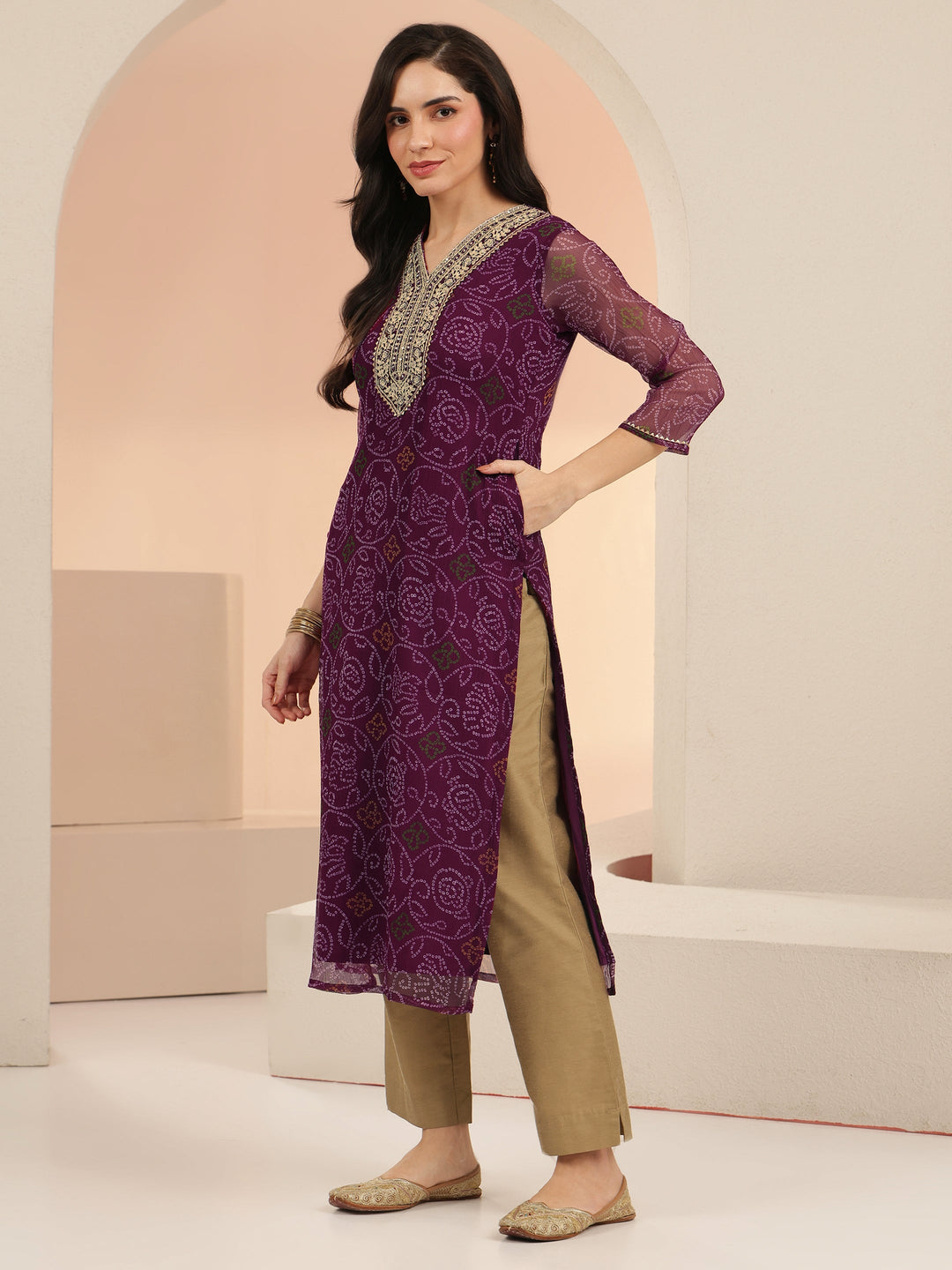  Burgundy Bandhani Printed Chiffon Straight Kurta 
