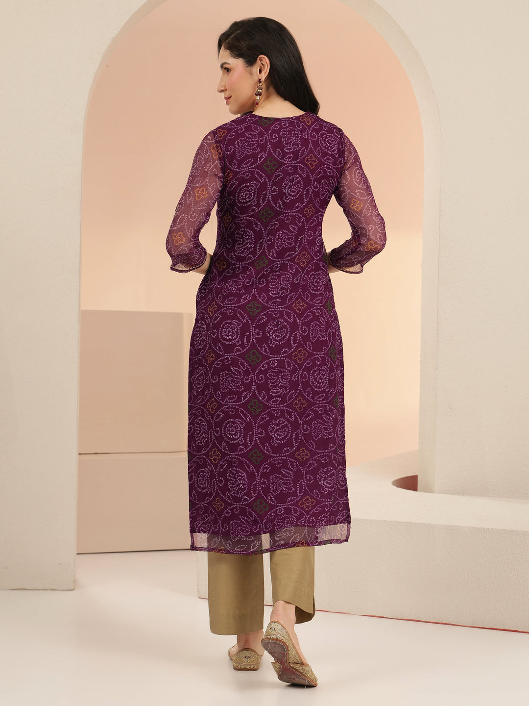  Burgundy Bandhani Printed Chiffon Straight Kurta 