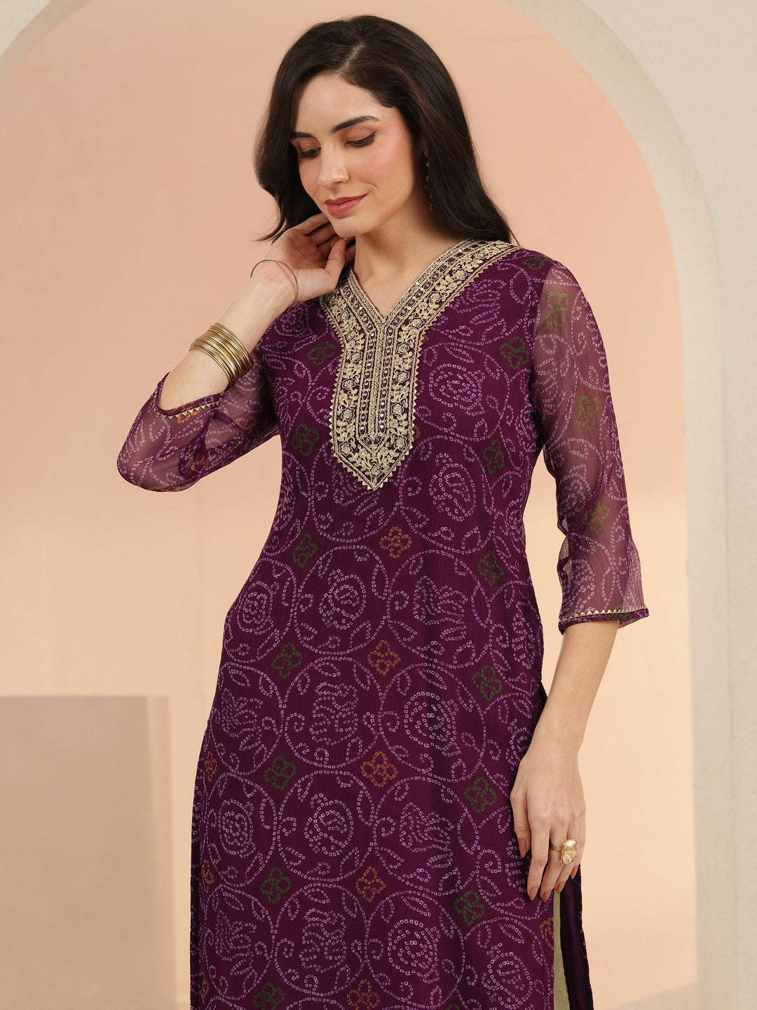  Burgundy Bandhani Printed Chiffon Straight Kurta 