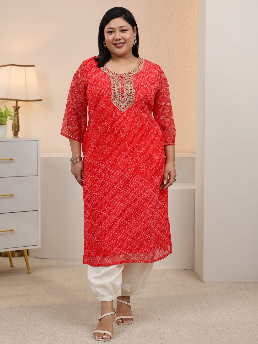 Plus Size Orange Bandhani Printed Chiffon Straight Kurta 