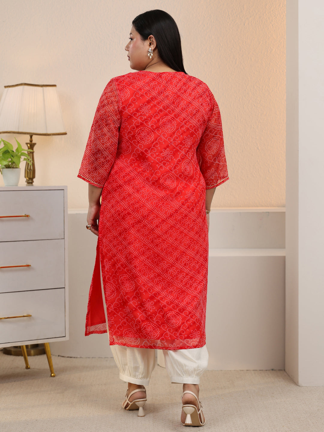  Plus Size Orange Bandhani Printed Chiffon Straight Kurta 