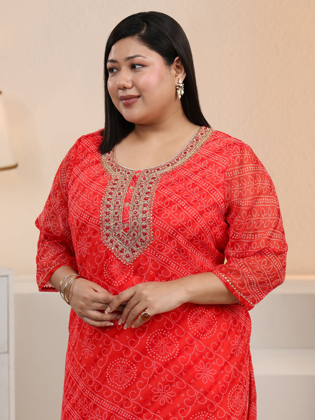  Plus Size Orange Bandhani Printed Chiffon Straight Kurta 