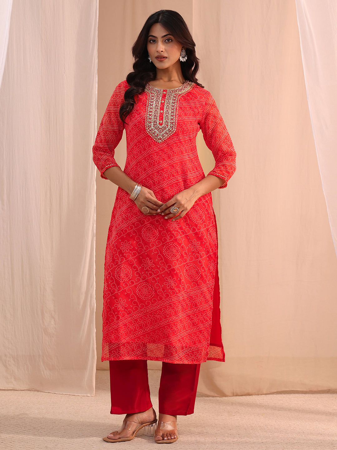  Orange Bandhani Printed Chiffon Straight Kurta 