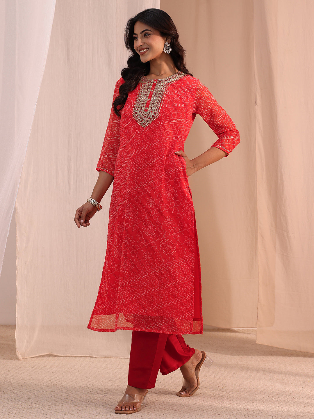  Orange Bandhani Printed Chiffon Straight Kurta 