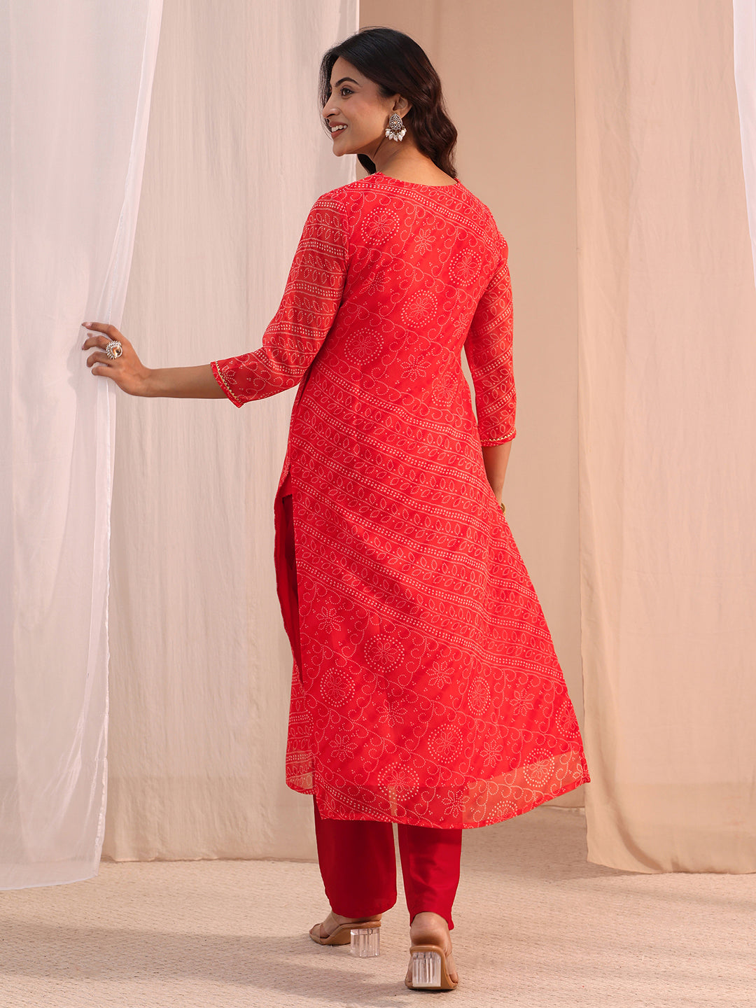  Orange Bandhani Printed Chiffon Straight Kurta 