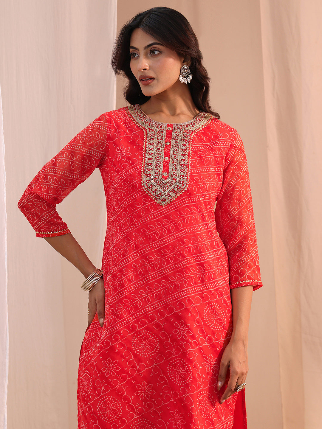  Orange Bandhani Printed Chiffon Straight Kurta 