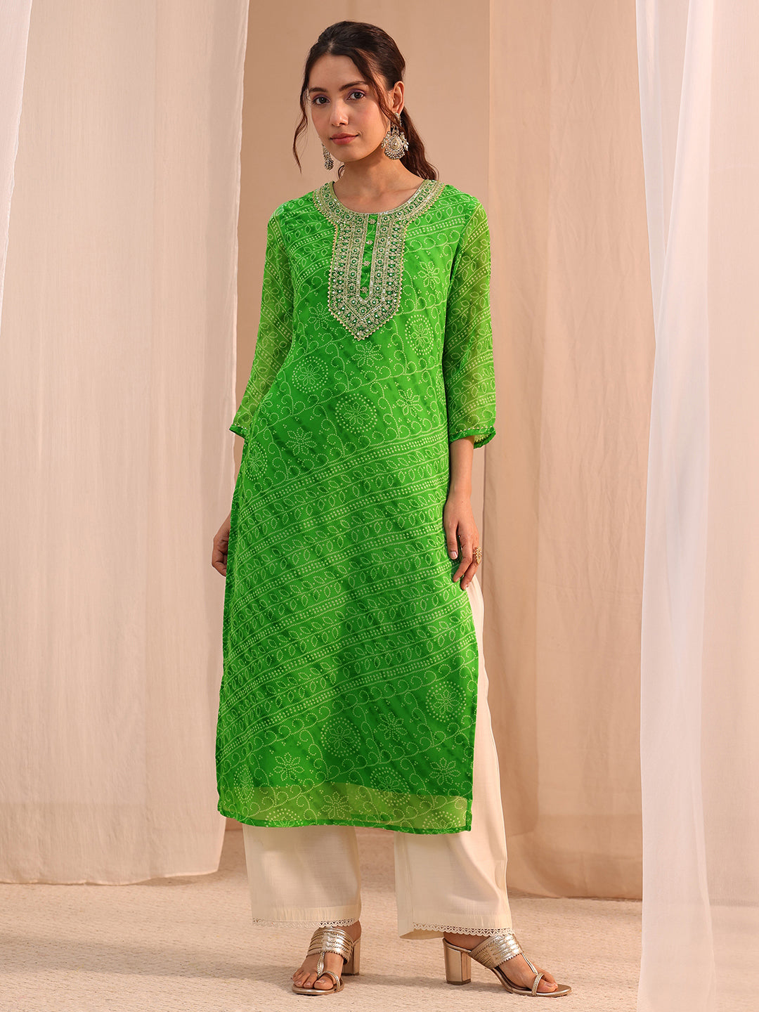  Green Bandhani Printed Chiffon Straight Kurta 