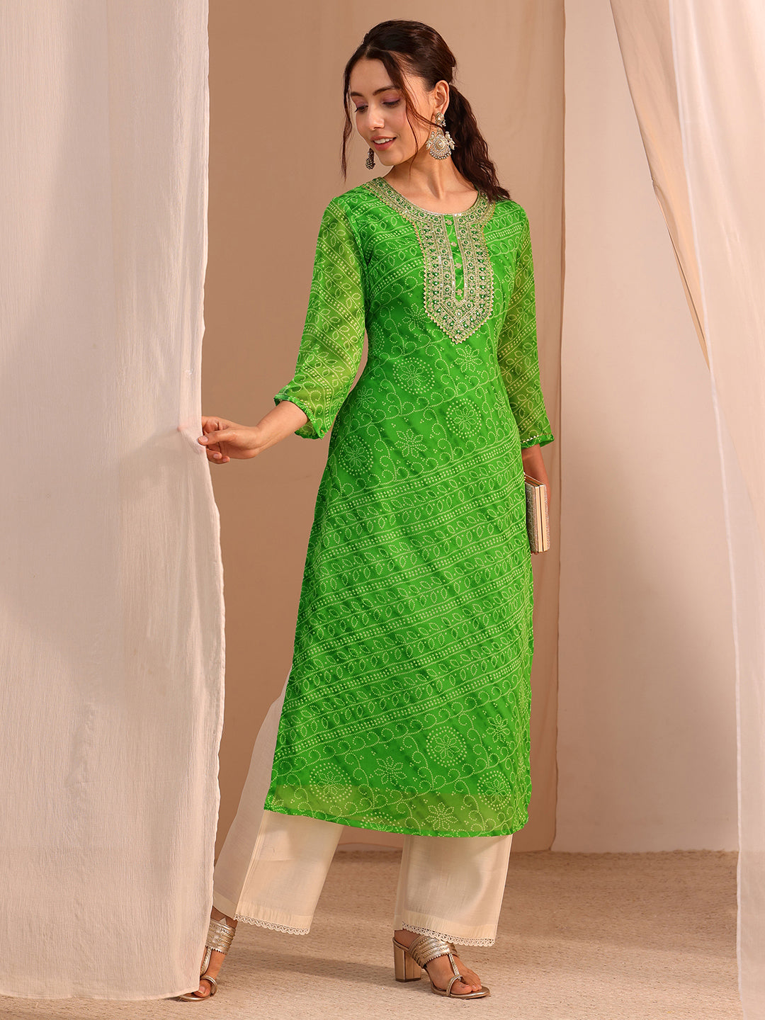 libas Green Bandhani Printed Chiffon Straight Kurta-picture-50