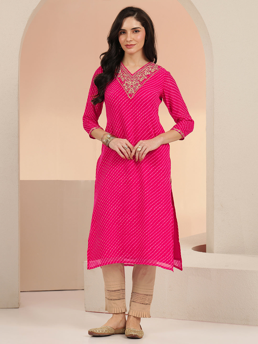  Libas Hot Pink Leheriya Printed Chiffon Straight Kurta 