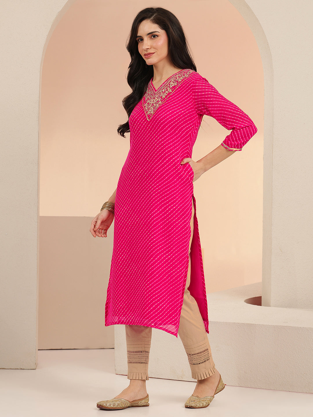  Libas Hot Pink Leheriya Printed Chiffon Straight Kurta 