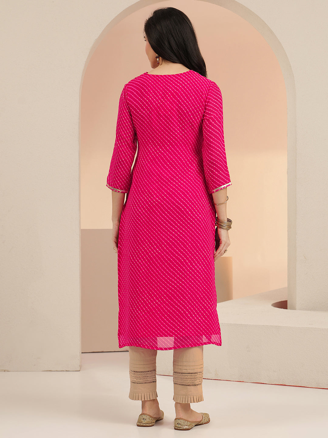  Libas Hot Pink Leheriya Printed Chiffon Straight Kurta 