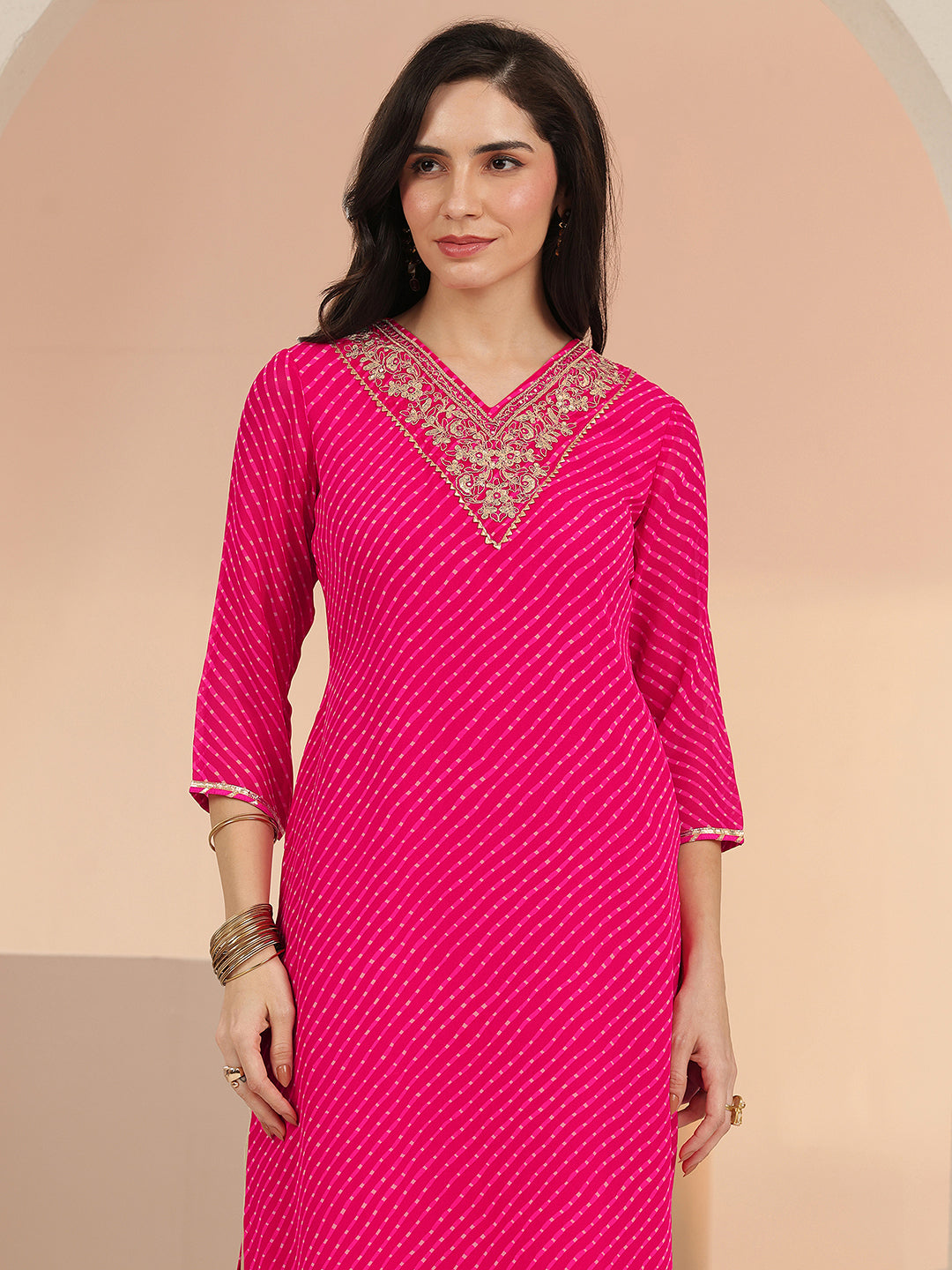  Libas Hot Pink Leheriya Printed Chiffon Straight Kurta 