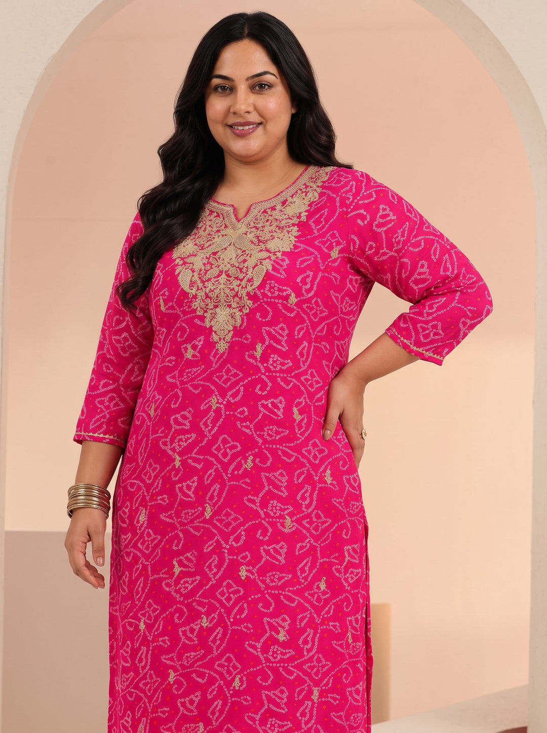  Plus Size Fuchsia Pink Bandhani Printed Chiffon Straight Kurta 