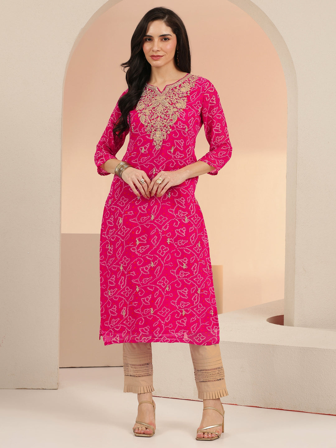 Libas Fuchsia Pink Bandhani Printed Chiffon Straight Kurta 