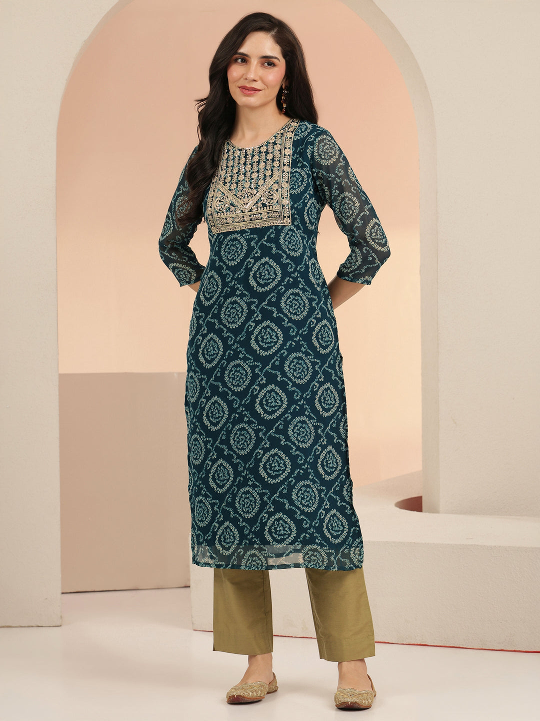  Libas Teal Blue Bandhani Printed Chiffon Straight Kurta 