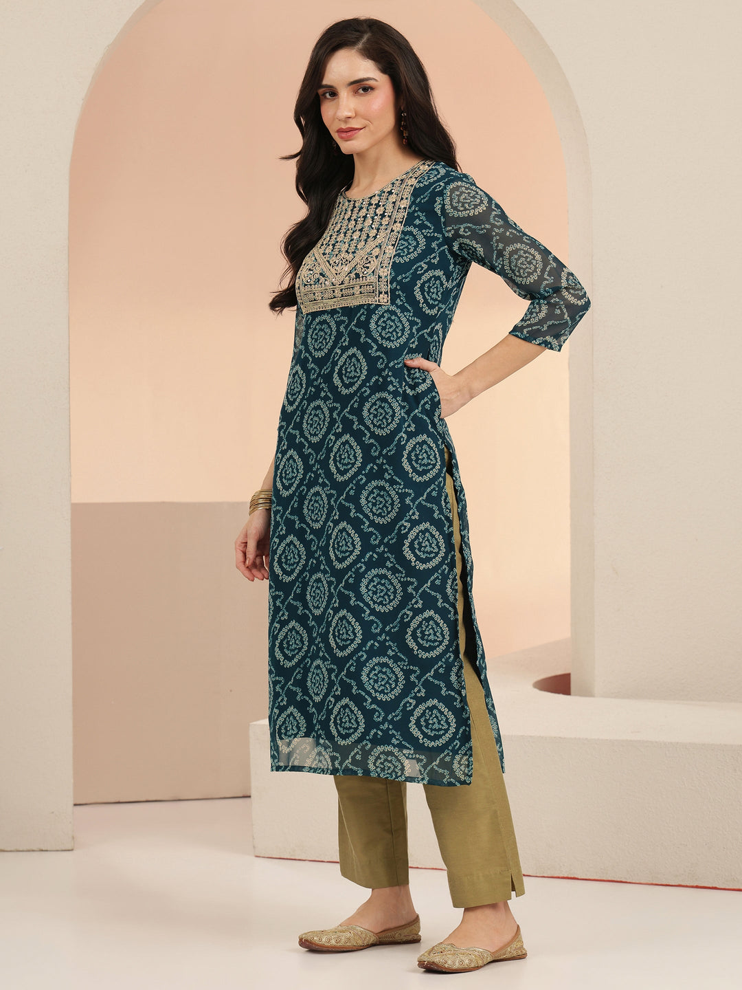  Libas Teal Blue Bandhani Printed Chiffon Straight Kurta 