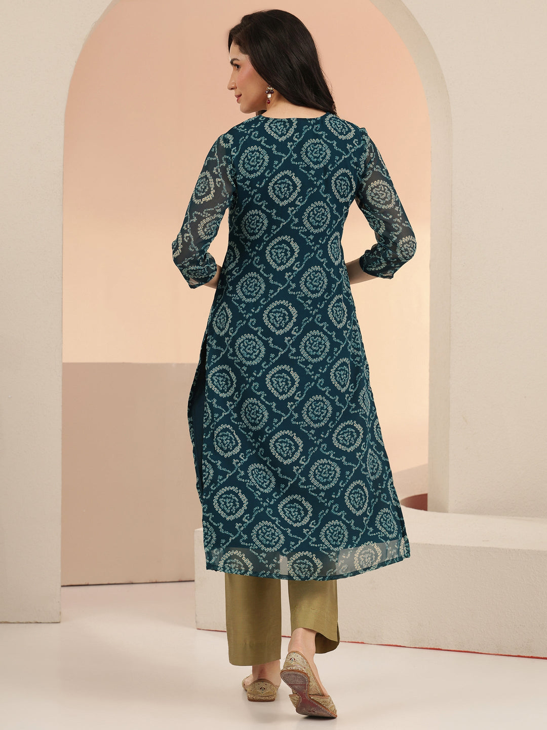  Libas Teal Blue Bandhani Printed Chiffon Straight Kurta 