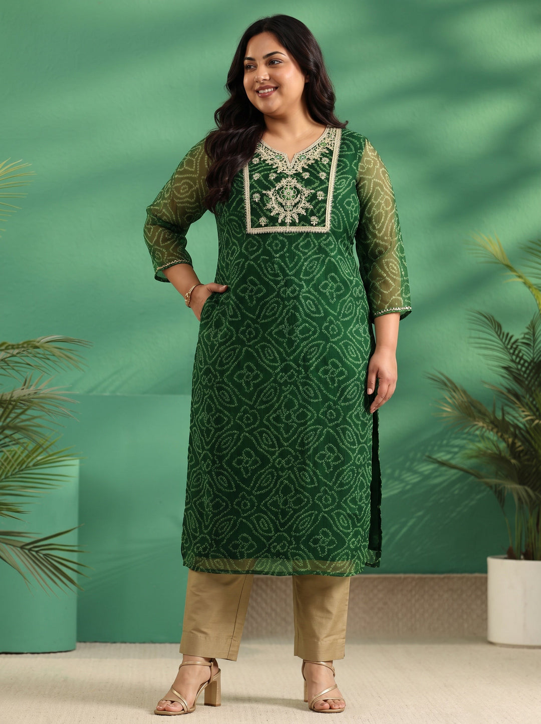 Plus Size Moss Green Bandhani Printed Chiffon Straight Kurta 